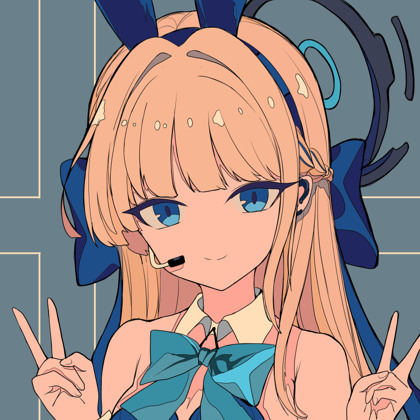1girl, absurdres, animal_ears, aqua_bow, aqua_bowtie, black_halo, blonde_hair, blue_archive