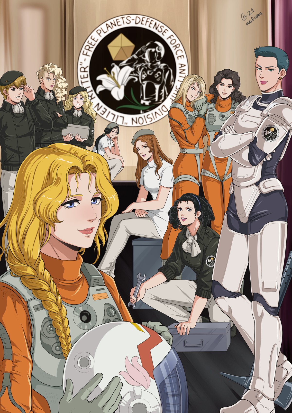 alternate_universe, annerose_von_grunewald, ascot, autumn-sacura, beret, black_hair, blonde_hair, body_armor, braid, brown_hair, character_request, elfriede_von_kohlrausch, elisabeth_von_braunschweig, emblem, evangeline_mittermeyer, free_planets_alliance, ginga_eiyuu_densetsu, hat, helmet, highres, hildegard_von_mariendorf, holding, holding_helmet, holding_wrench, long_hair, magdalena_von_westpfale, multiple_girls, pilot_suit, sabine_von_littenheim, short_hair, sitting, toolbox, undercut, wrench