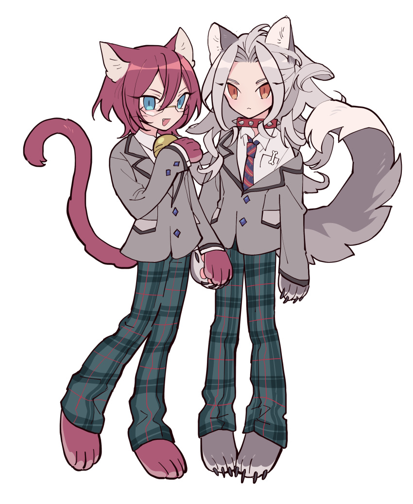 2boys, absurdres, adam_(ensemble_stars!), animal_ears, animal_feet, animal_hands, bell, blue_eyes