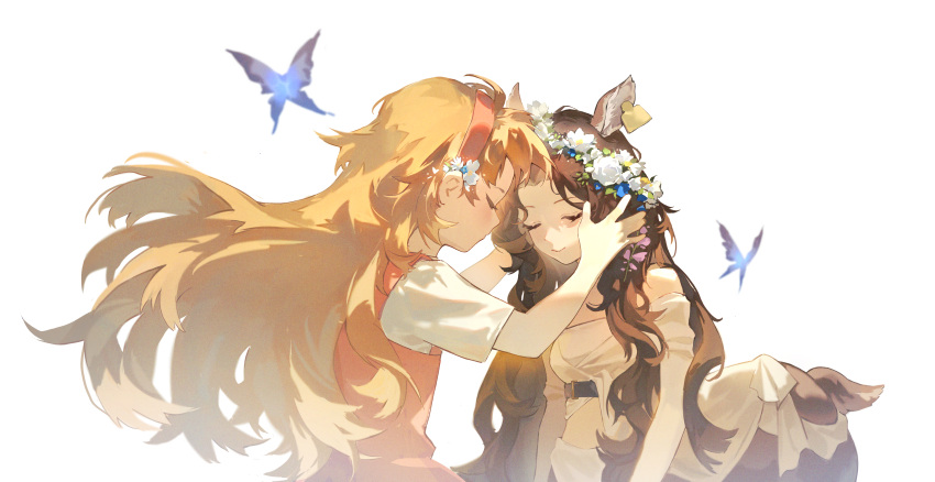 2girls, absurdres, animal_ears, bare_shoulders, belt, blonde_hair, blonney, blue_butterfly