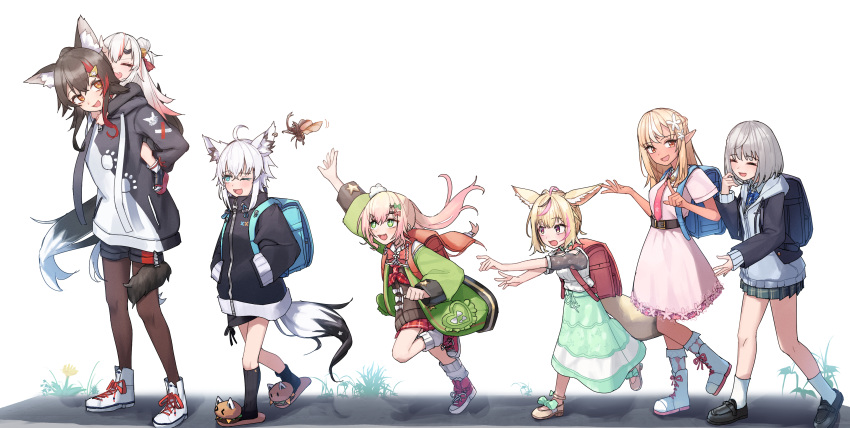 6+girls, absurdres, aged_down, ahoge, animal_ear_fluff, animal_ears, backpack, bag