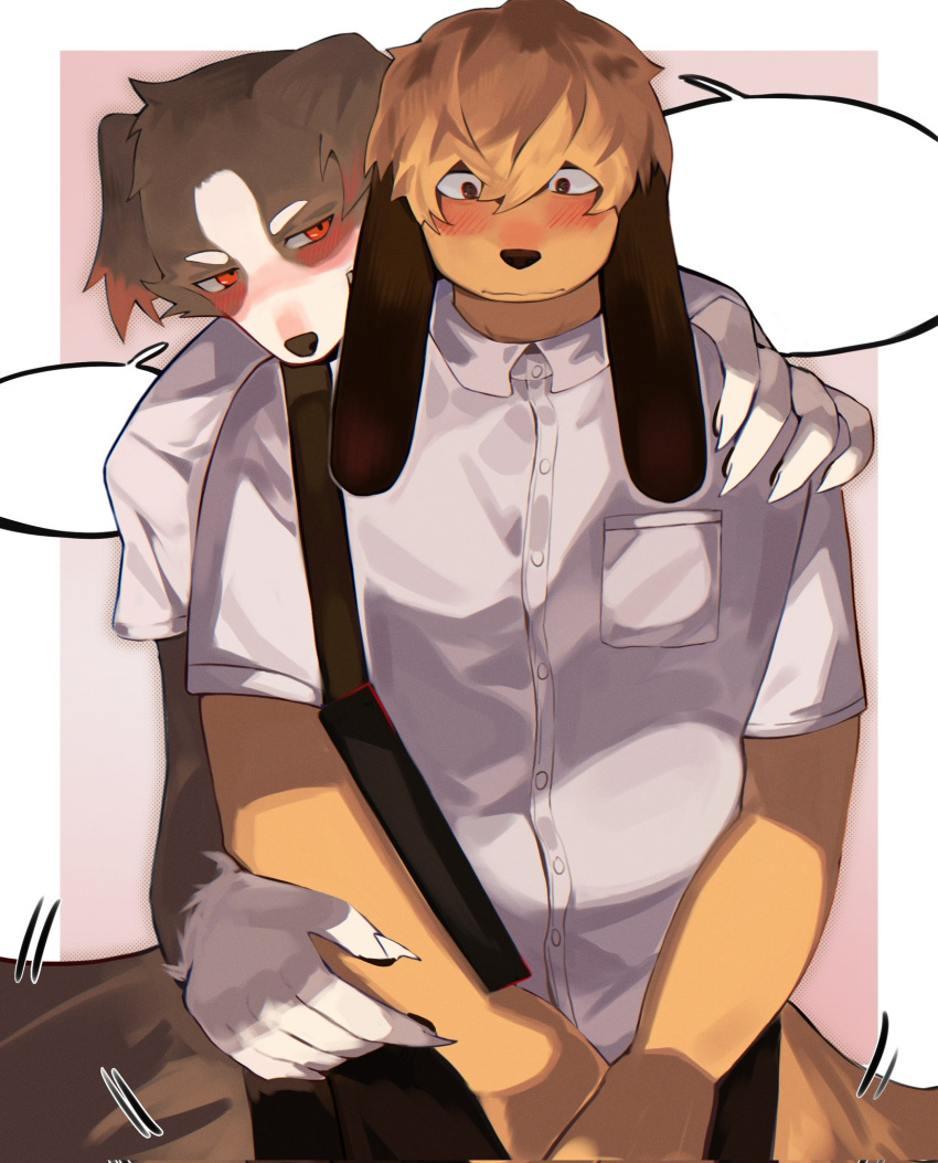 2boys, animal_ears, axianorange, bag, blank_speech_bubble, blush, claws, dog_boy