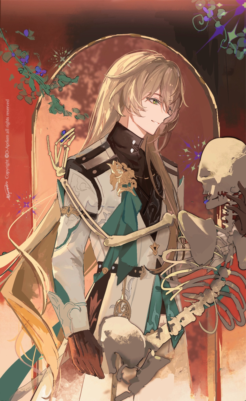 1boy, arch, black_gloves, black_shirt, blonde_hair, branch, brooch, coat, cowboy_shot, d-aprken, gloves, green_eyes, green_vest, hair_between_eyes, hand_on_another's_neck, highres, honkai:_star_rail, honkai_(series), jewelry, leaf, long_hair, long_sleeves, looking_at_object, luocha_(honkai:_star_rail), male_focus, pants, profile, shadow, shirt, skeleton, sleeve_cuffs, smile, solo, turtleneck, very_long_hair, vest, white_coat, white_pants