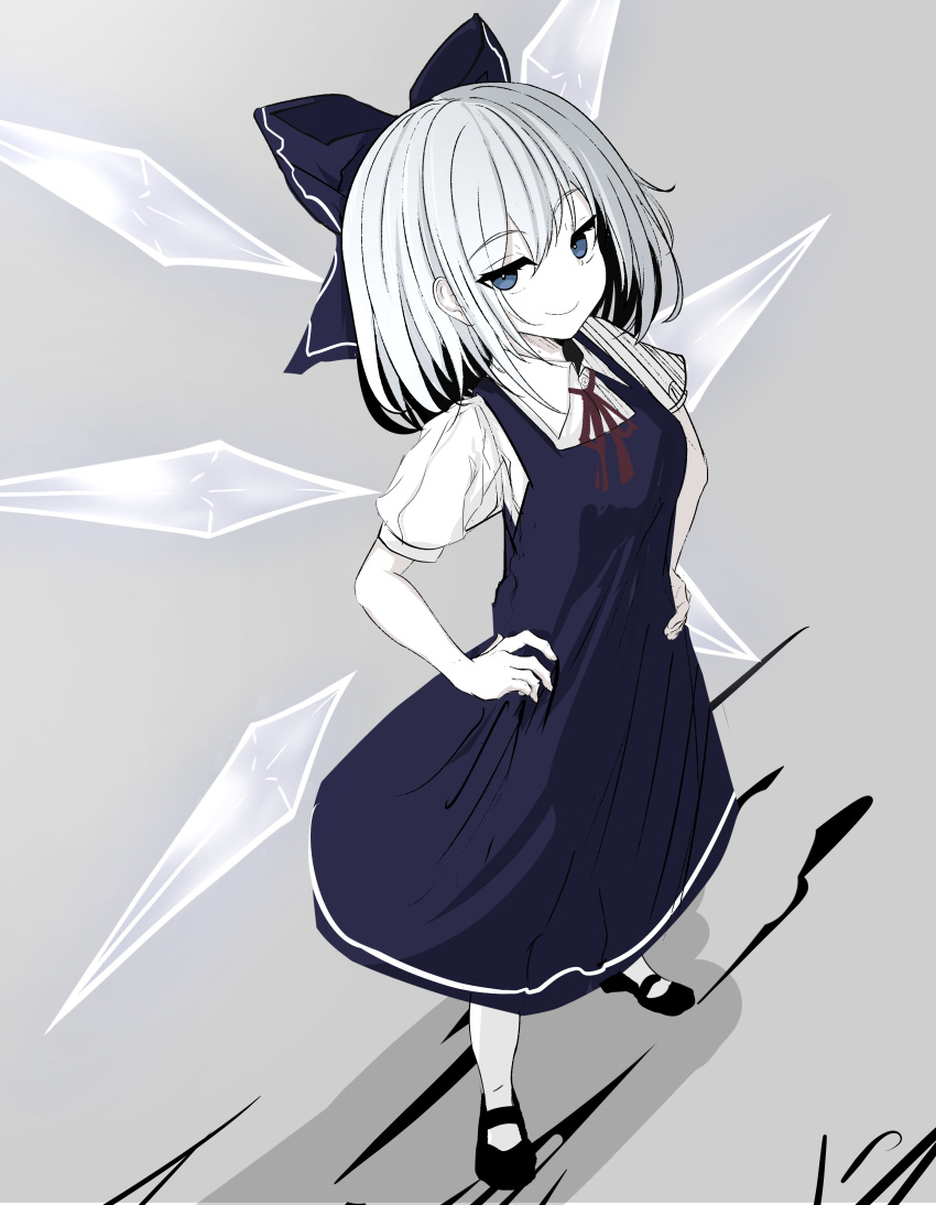 1girl, absurdres, black_footwear, blue_bow, blue_dress, blue_eyes, bow, cirno, collared_shirt, dress, dutch_angle, full_body, grey_background, grey_hair, hair_between_eyes, hair_bow, hands_on_own_hips, hatomehonpo, highres, ice, ice_wings, looking_at_viewer, mary_janes, medium_hair, neck_ribbon, pinafore_dress, red_ribbon, ribbon, shirt, shoes, short_sleeves, sleeveless, sleeveless_dress, smile, smug, solo, standing, touhou, translation_request, white_shirt, wings