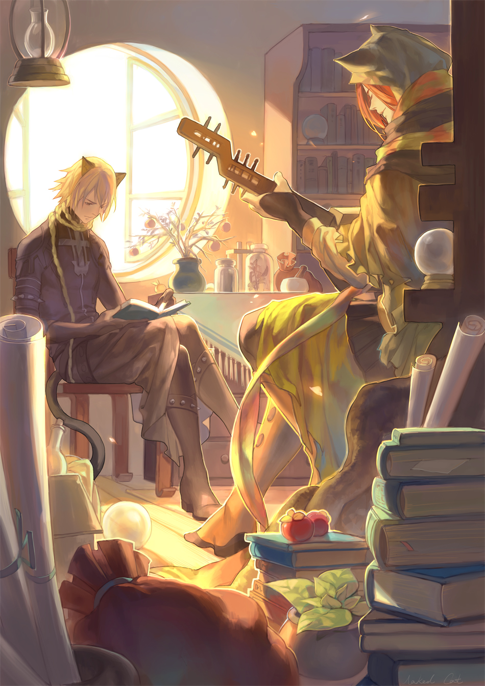 2boys, animal_ears, armlet, black_gloves, blonde_hair, book, bookshelf, braid