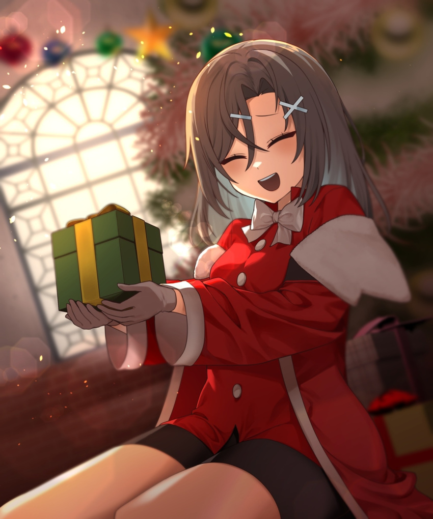 1girl, bike_shorts, black_shorts, box, brown_gloves, brown_hair, christina_brecht, counter:side
