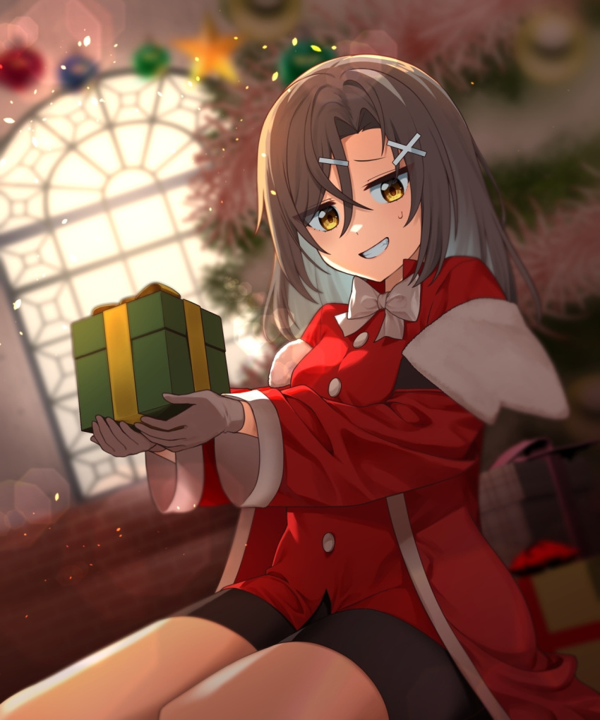 1girl, bike_shorts, black_shorts, box, brown_gloves, brown_hair, christina_brecht, counter:side
