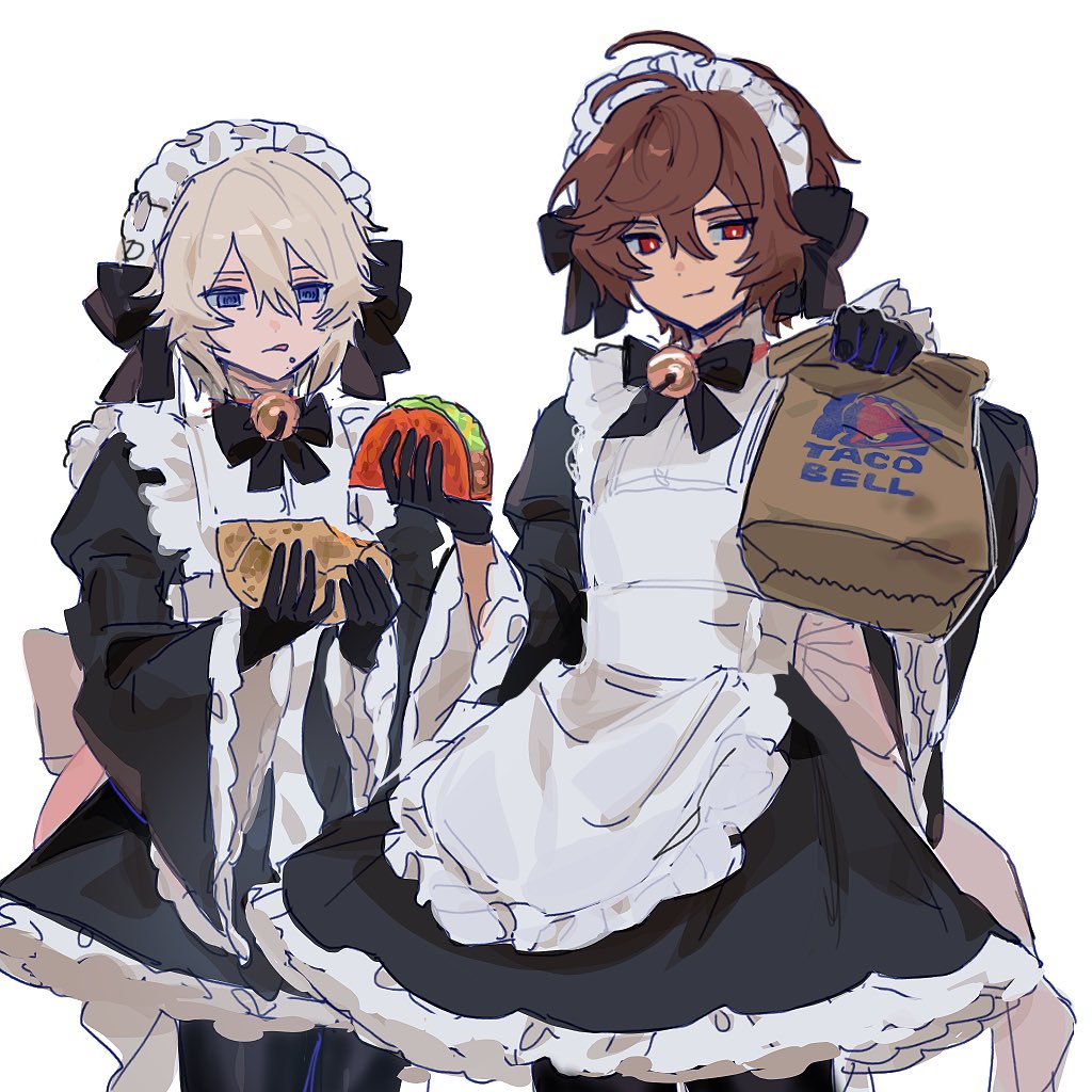 2boys, apron, bag, black_ribbon, blue_eyes, brown_hair, cowboy_shot, crossdressing