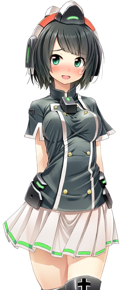 arms_behind_back, artist_request, black_hair, blunt_bangs, blush, breasts, cosmic_break, green_eyes, medium_breasts, nora_schneid, official_art, open_mouth, second-party_source, shirt, short_hair, skirt, smile, sweatdrop, thigh-highs, turtleneck