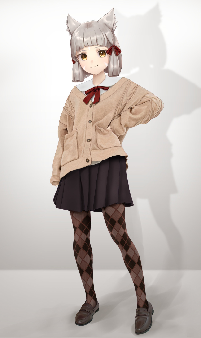 1girl, absurdres, animal_ear_fluff, animal_ears, argyle, argyle_legwear, black_footwear, black_skirt, bow, brown_cardigan, brown_eyes, brown_pantyhose, cardigan, closed_mouth, collared_shirt, commentary, eilier_project, grey_hair, highres, loafers, long_sleeves, looking_at_viewer, nia_(xenoblade), pantyhose, pleated_skirt, puffy_long_sleeves, puffy_sleeves, red_bow, school_uniform, shirt, shoes, short_hair, skirt, sleeves_past_wrists, smile, solo, standing, white_shirt, xenoblade_chronicles_(series), xenoblade_chronicles_2