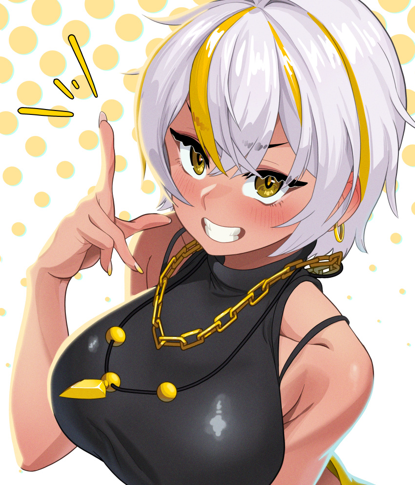 1girl, absurdres, blush, bra_strap, breasts, curvy, earrings, hair_between_eyes