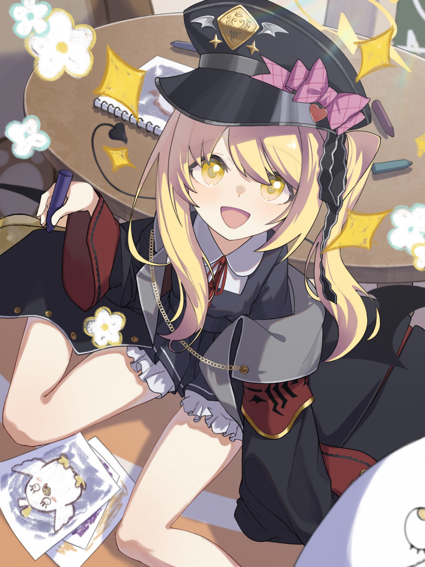 1girl, absurdres, black_coat, black_dress, black_headwear, black_tail, black_wings, blonde_hair