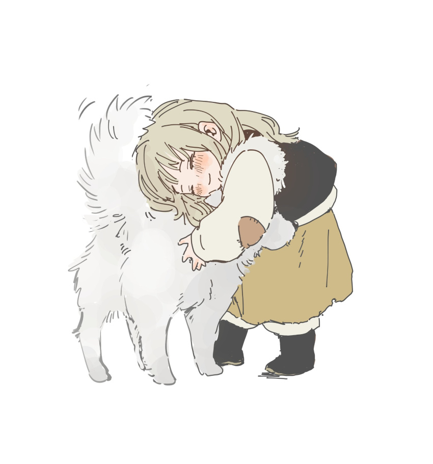 1girl, ^_^, affectionate, aged_down, animal, animal_hug, black_vest, blush, boots, child, chinese_commentary, closed_eyes, closed_mouth, dog, dungeon_meshi, facing_to_the_side, falin_thorden, fur-trimmed_vest, fur_trim, grey_hair, happy, highres, leaning_forward, long_hair, long_sleeves, loudun_ff, patchwork_clothes, shirt, simple_background, sketch, skirt, smile, stitches, vest, white_background, white_shirt, yellow_skirt