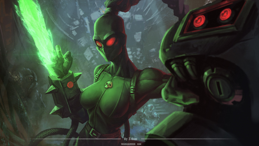 1boy, 1girl, alien, armor, artist_name, assassin, assassination, belt