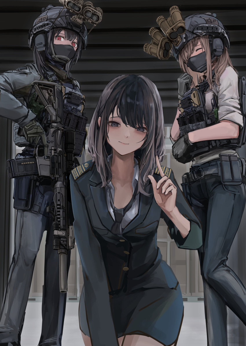 3girls, absurdres, assault_rifle, black_eyes, black_hair, brown_hair, closed_eyes, commentary_request