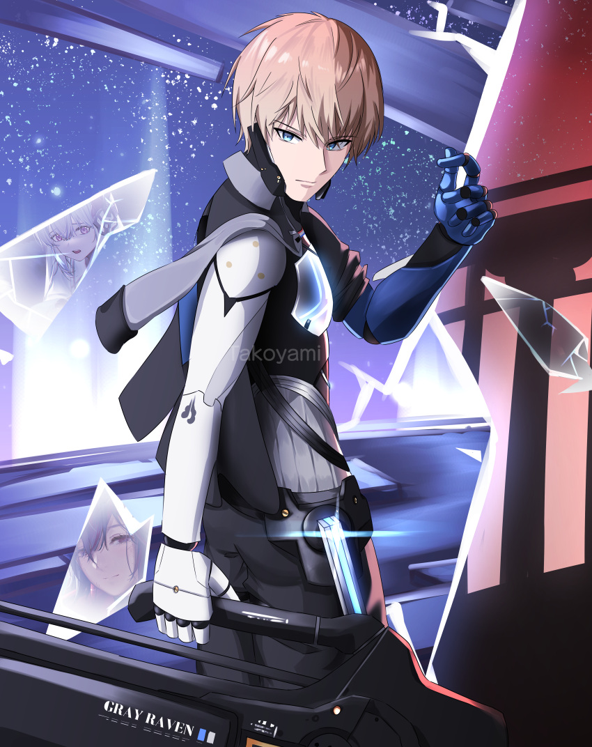 absurdres, black_bodysuit, blue_eyes, bodysuit, headphones, highres, holding, holding_weapon, huge_weapon, lee:_hyperreal_(punishing:_gray_raven), lee_(punishing:_gray_raven), light_brown_hair, liv_(punishing:_gray_raven), looking_back, lucia_(punishing:_gray_raven), mechanical_arms, punishing:_gray_raven, short_hair, takoyami_yuma, watermark, weapon