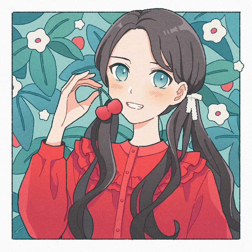 1girl, aqua_eyes, black_hair, blush, border, buttons, cherry, commentary_request, flower, flower_(symbol), food, frilled_shirt, frills, fruit, grin, hair_behind_ear, hair_ribbon, hand_up, highres, holding, holding_food, holding_fruit, leaf, long_hair, long_sleeves, looking_at_viewer, nahara_saki, original, outside_border, parted_bangs, red_shirt, ribbon, shirt, smile, solo, twintails, upper_body, white_border, white_flower, white_ribbon