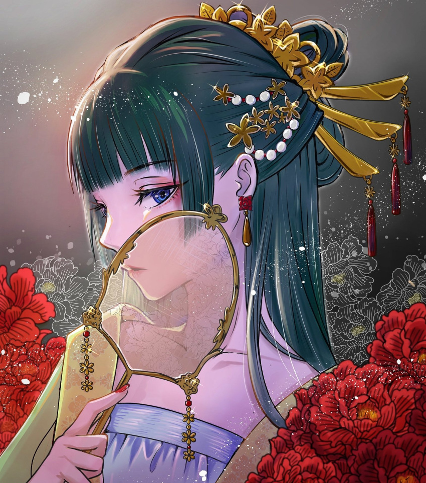 1girl, alternate_costume, alternate_hairstyle, blue_eyes, blunt_bangs, chinese_clothes, collarbone, covering_own_mouth