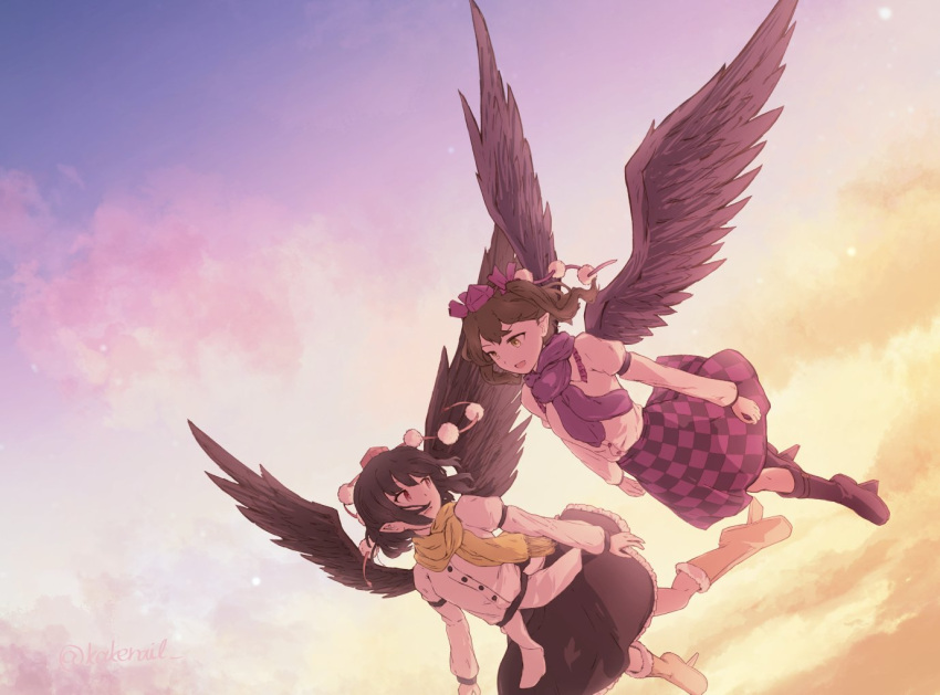 2girls, bird_wings, black_footwear, black_hair, black_skirt, black_wings, boots, brown_eyes