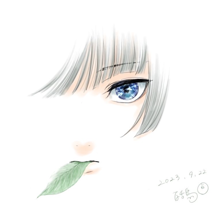 1girl, blending, blue_eyes, dated, floating_hair, grey_hair, kusuriya_no_hitorigoto, leaf