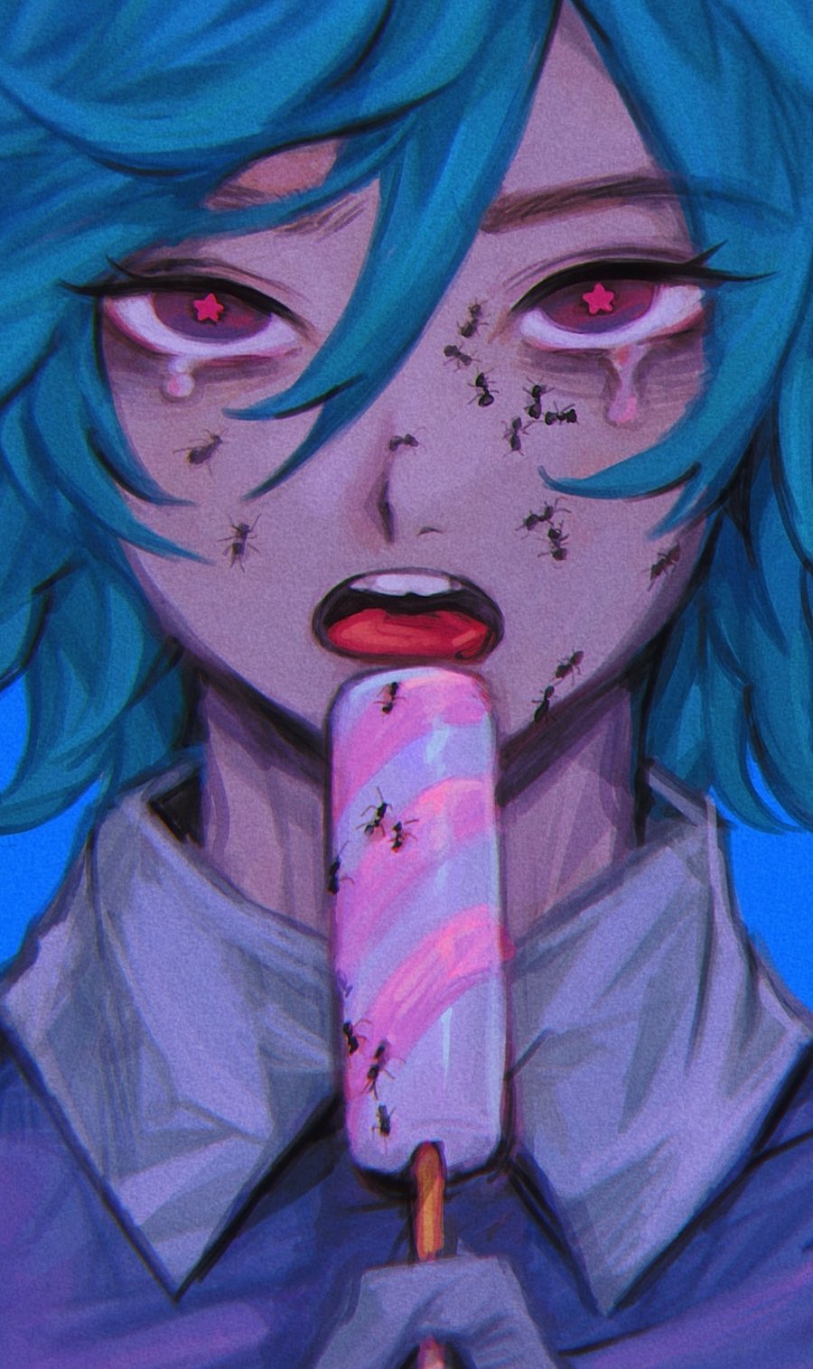 1boy, ant, babibu_baby, bags_under_eyes, blue_hair, bug, chinchikurin_(masuda_wakako), collared_shirt