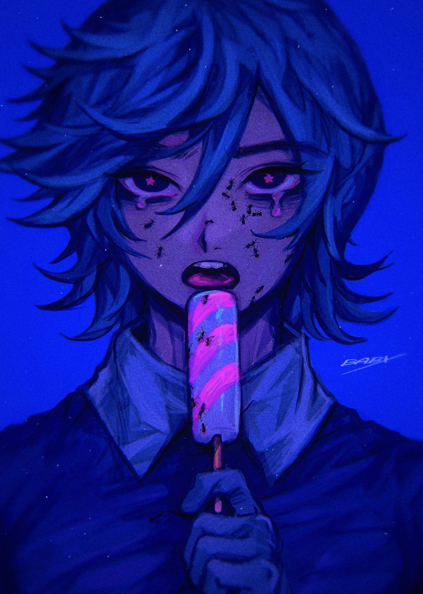 1boy, ant, babibu_baby, bags_under_eyes, black_eyes, blue_gloves, blue_hair, blue_shirt