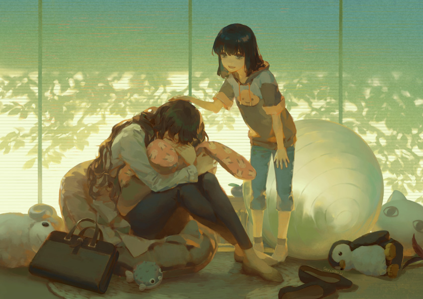 2girls, ball, bean_bag_chair, black_bag, black_eyes, black_hair, black_pants, comforting