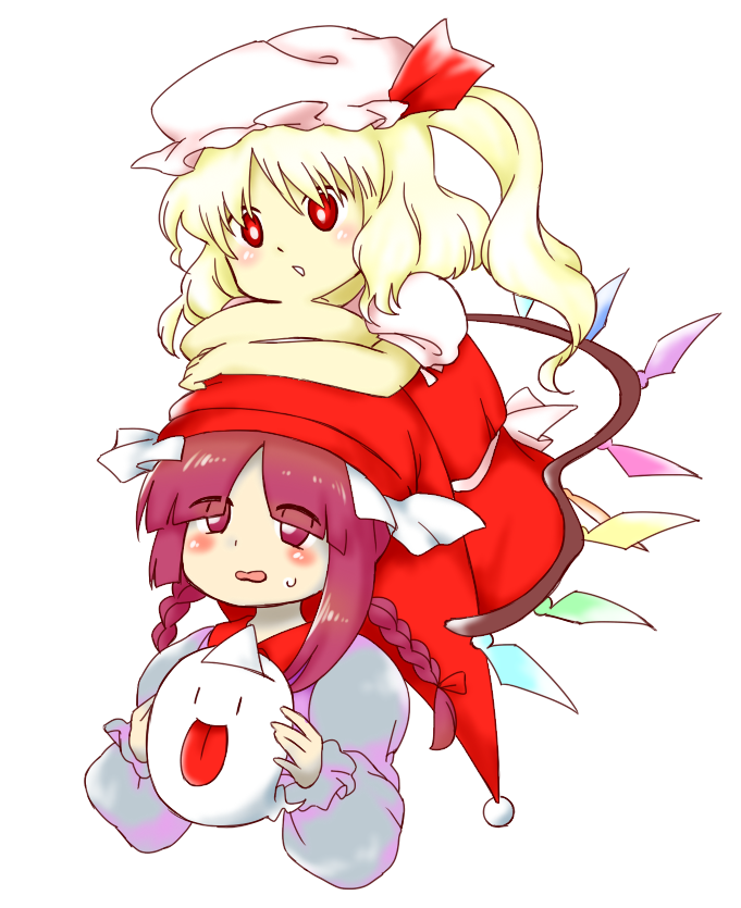 2girls, bakebake_(touhou), blonde_hair, blush, braid, bright_pupils, crossed_arms, ex-rika
