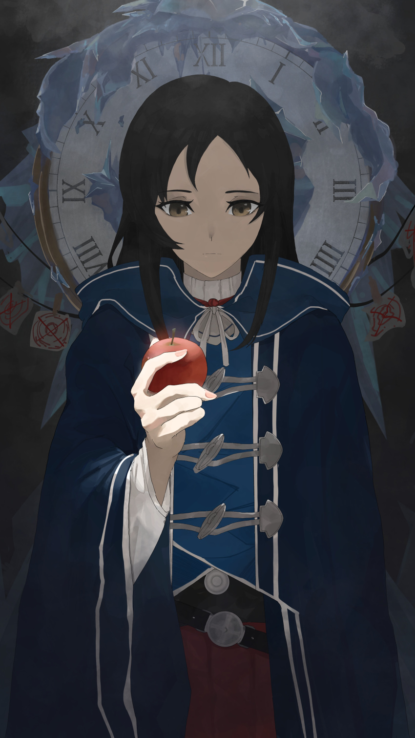 1girl, absurdres, apple, belt, black_hair, black_shirt, blue_cloak, brown_eyes