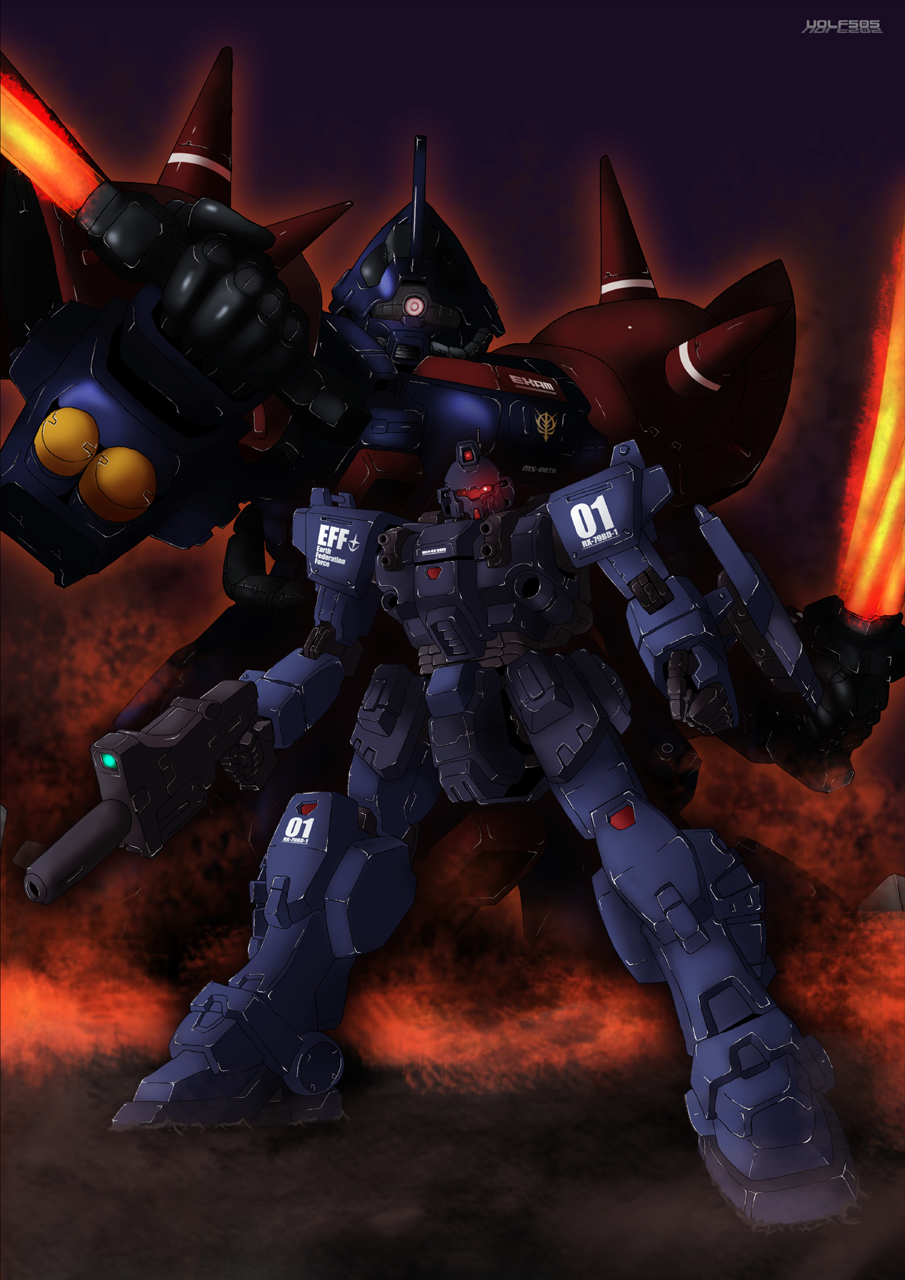 dual_wielding, duel_wield, efreet_custom, energy_sword, gun, gundam, gundam_side_story:_the_blue_destiny, highres, machine_gun, mecha, shield, spikes, sword, weapon