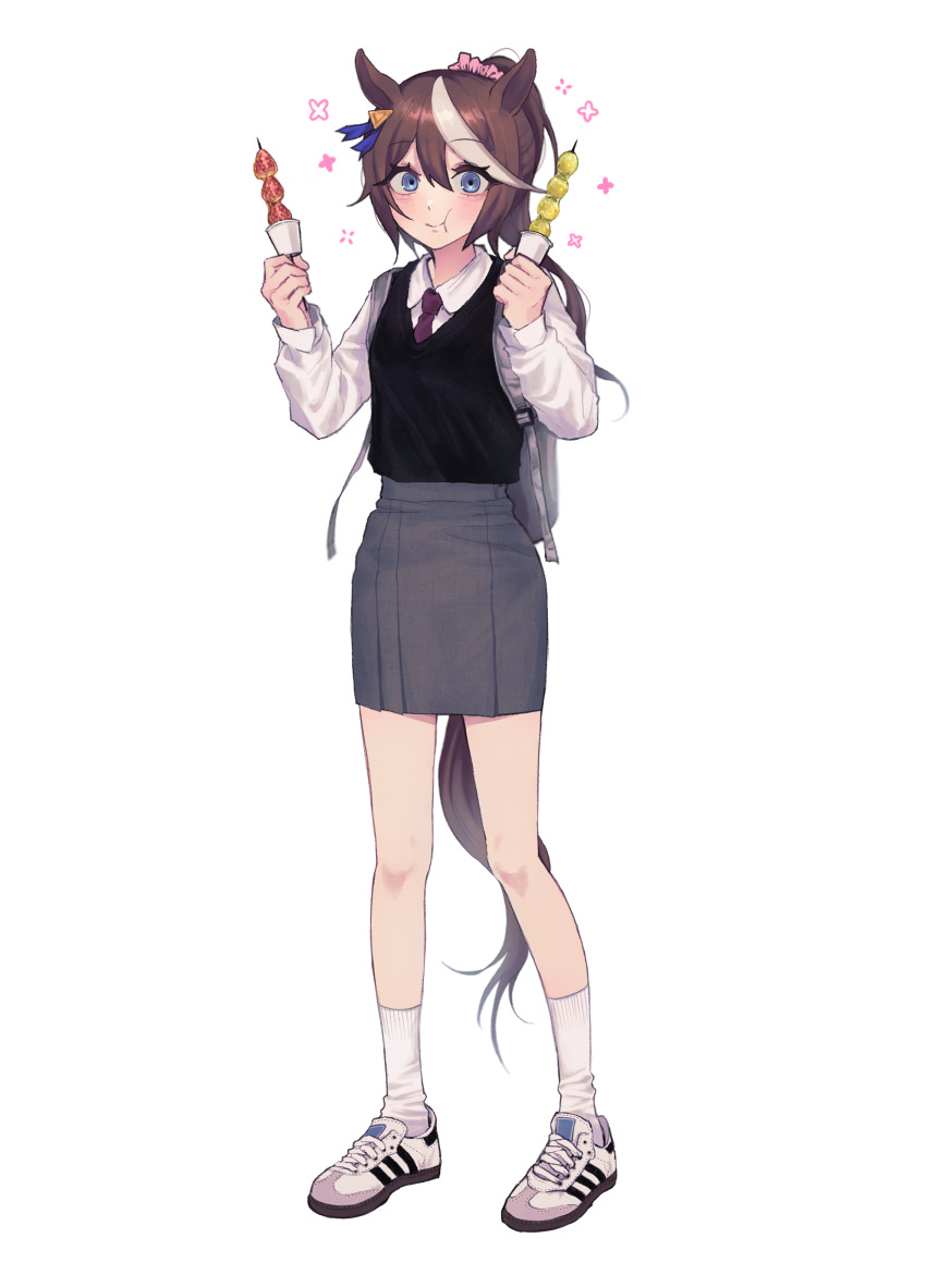 1girl, absurdres, alternate_costume, alternate_hairstyle, animal_ears, backpack, bag, black_sweater_vest, blue_eyes, blush, brown_hair, closed_mouth, collared_shirt, commentary, ear_ornament, food, full_body, grey_skirt, hair_between_eyes, highres, holding, holding_food, holding_skewer, horse_ears, horse_girl, horse_tail, long_sleeves, looking_at_viewer, multicolored_hair, necktie, pencil_skirt, pink_scrunchie, ponytail, purple_necktie, scrunchie, shironism, shirt, shoes, simple_background, skewer, skirt, smile, sneakers, solo, sparkle, streaked_hair, sweater_vest, tail, tokai_teio_(umamusume), umamusume, white_background, white_footwear, white_hair, white_shirt
