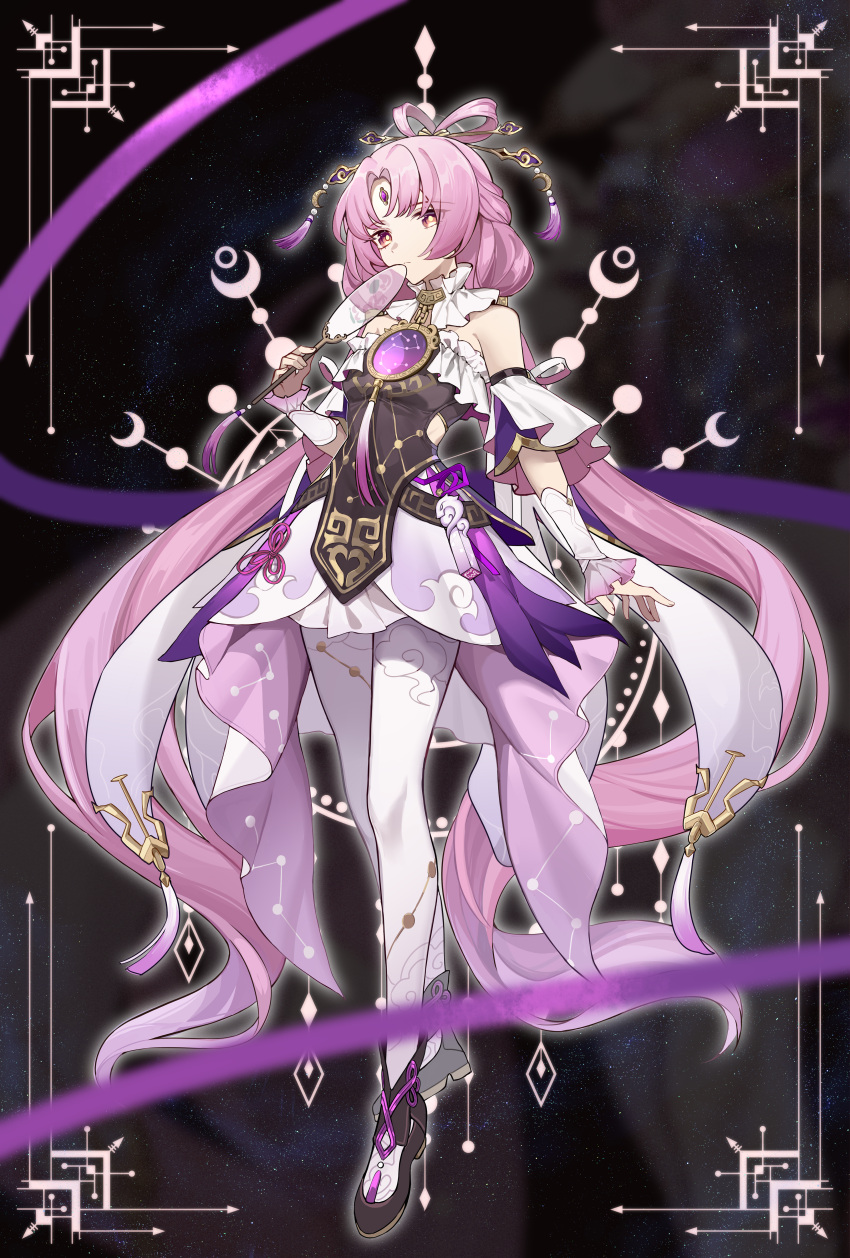 1girl, absurdly_long_hair, absurdres, bare_shoulders, black_footwear, bow-shaped_hair, bright_pupils, closed_mouth, cloud_print, commentary_request, constellation_print, detached_sleeves, expressionless, forehead_jewel, frills, fu_xuan_(honkai:_star_rail), full_body, hair_ornament, hair_stick, hand_fan, hand_up, highres, holding, holding_fan, honkai:_star_rail, honkai_(series), hoxino, long_hair, looking_at_viewer, low_twintails, pantyhose, parted_bangs, pink_eyes, pink_hair, pink_skirt, pink_tassel, skirt, solo, space, tuanshan, twintails, very_long_hair, white_pantyhose, white_pupils