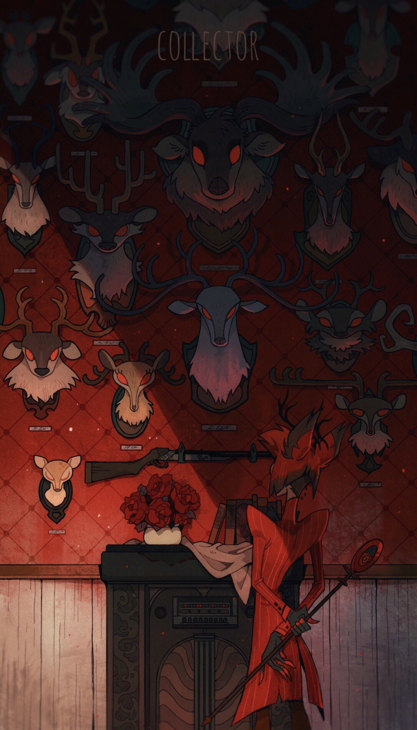 1boy, absurdres, alastor_(hazbin_hotel), animal_ears, animal_head, arms_behind_back, colored_sclera, deer_boy