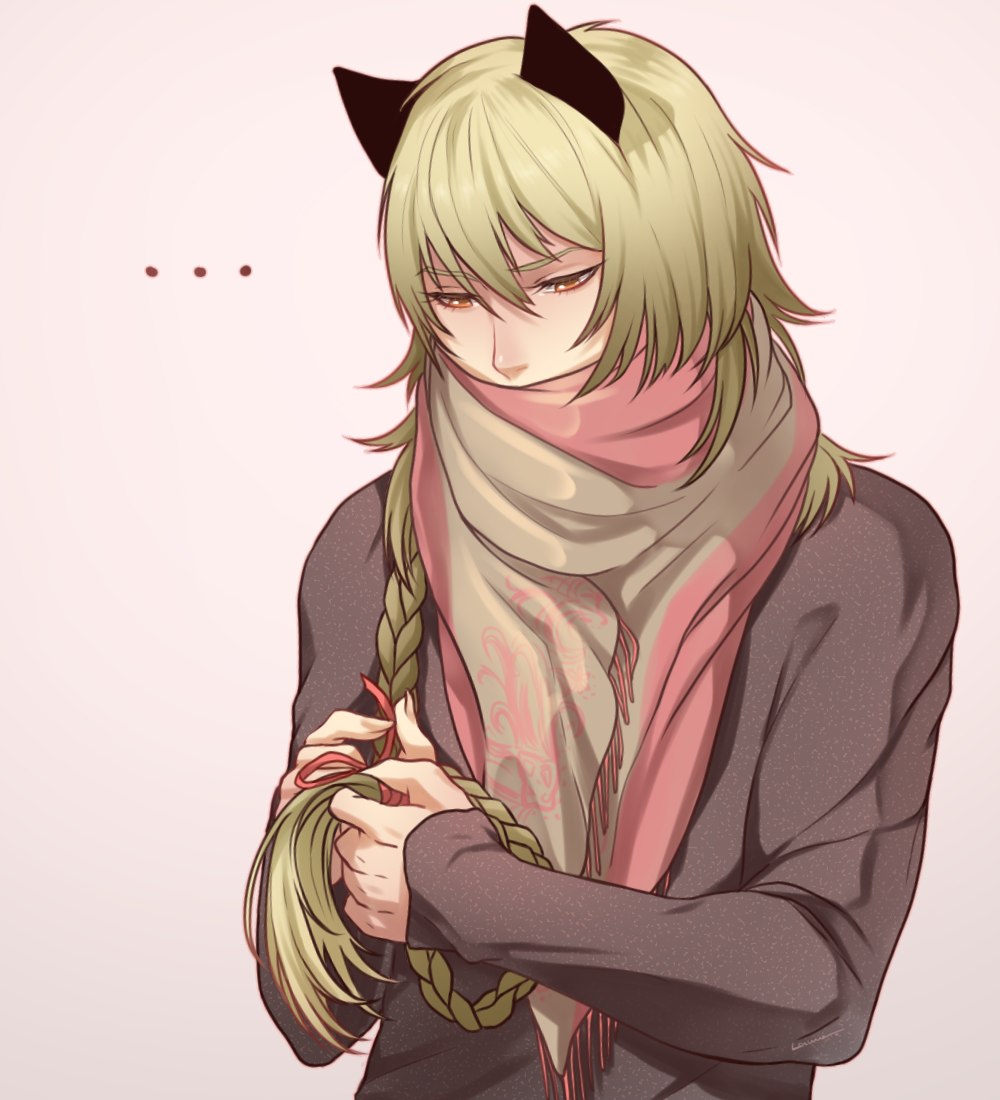 ..., 1boy, animal_ears, blonde_hair, braid, braiding_hair, cat_boy, cat_ears