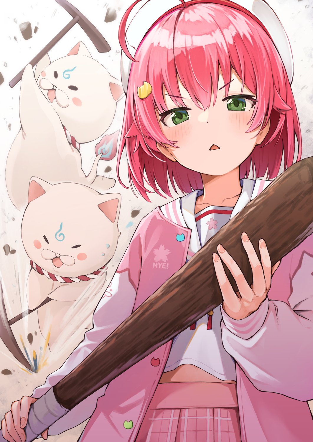 1girl, 35p_(sakura_miko), ahoge, aishima_marota, baseball_bat, beret, cat_hair_ornament, green_eyes