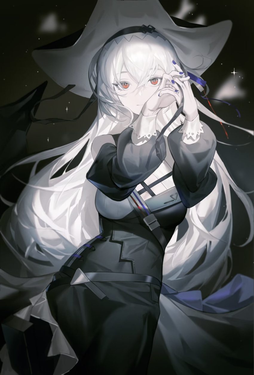 1girl, arknights, black_dress, black_headwear, closed_mouth, clothing_cutout, commentary_request, cowboy_shot
