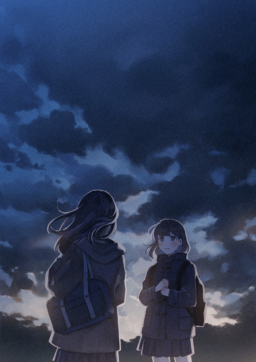 2girls, backlighting, backpack, bag, black_skirt, blush, brown_bag, brown_eyes