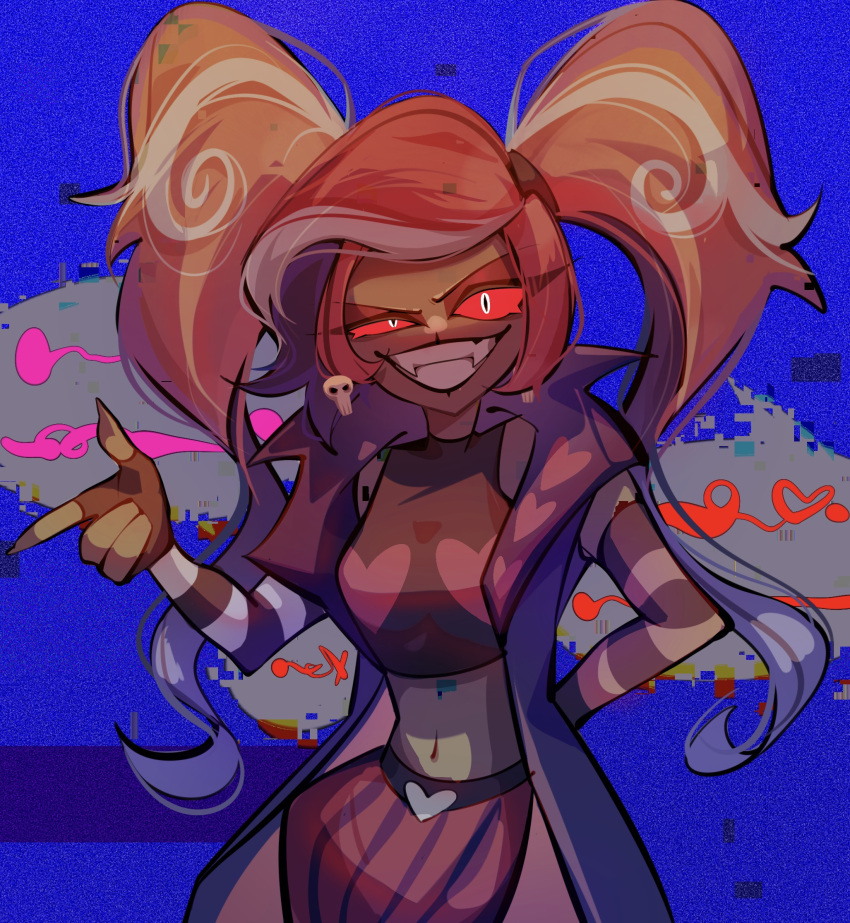 1girl, blue_background, coat, colored_sclera, colored_skin, demon, demon_girl, evil_grin, evil_smile, glitch, grin, hazbin_hotel, highres, long_hair, looking_at_viewer, multicolored_hair, open_clothes, open_coat, smile, solo, twintails, two-tone_hair, velvette_(hazbin_hotel), vent6885, very_long_hair