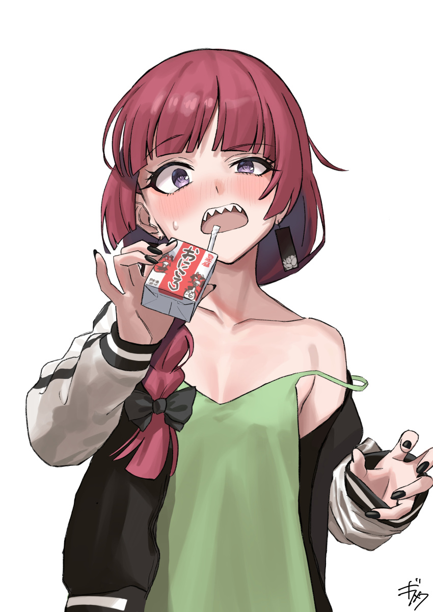 1girl, absurdres, alcohol_carton, animal_ears, black_nails, blush, bocchi_the_rock!, breasts, breasts_apart, dress, gisuta_sunshine, green_dress, highres, hiroi_kikuri, holding_carton, jacket, long_sleeves, looking_at_viewer, nose_blush, open_clothes, open_jacket, open_mouth, raised_eyebrow, redhead, sharp_teeth, signature, simple_background, small_breasts, solo, strap_slip, sweatdrop, teeth, upper_body, upper_teeth_only, violet_eyes, white_background
