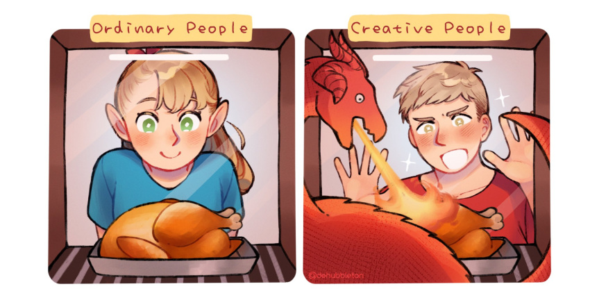 1boy, 1girl, against_glass, blonde_hair, blue_shirt, blush, breathing_fire, chicken_(food)