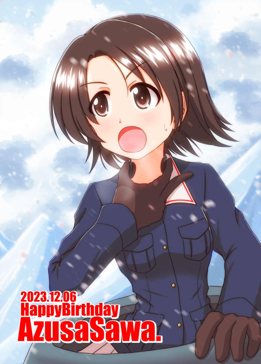 1girl, birthday, black_gloves, blue_jacket, breath, brown_eyes, brown_hair, character_name