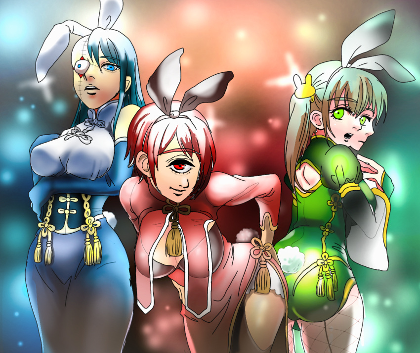 animal_ears, back_cutout, blue_eyes, blue_gloves, blue_hair, brown_hair, clothing_cutout, elbow_gloves