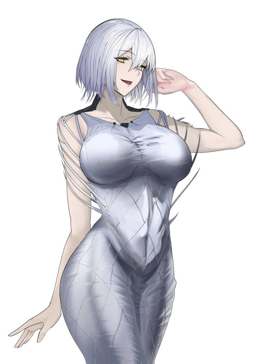 1girl, arm_up, bare_arms, breasts, collarbone, covered_navel, dress, eyebrows_hidden_by_hair