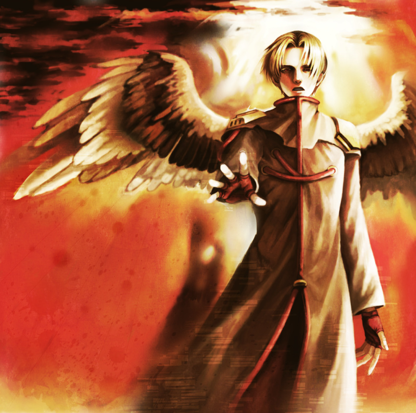 1boy, angel_wings, archangel_(baroque), baroque_(series), blonde_hair, fingerless_gloves, gloves, long_sleeves