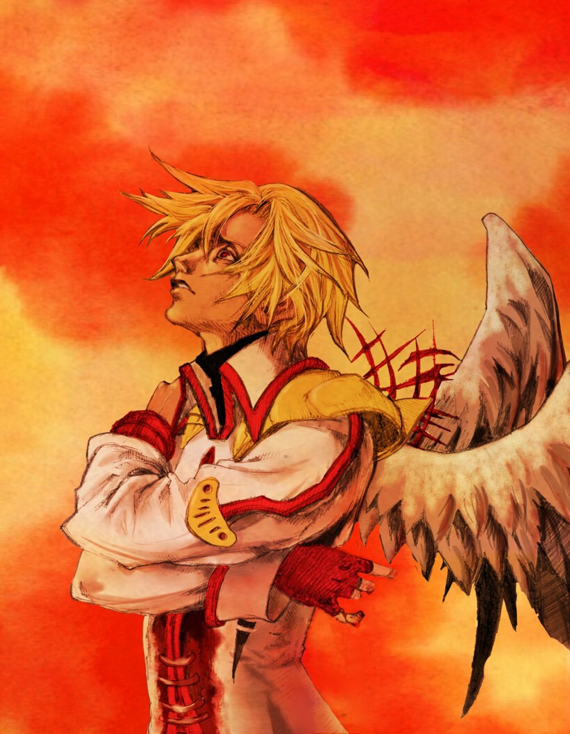1boy, angel_wings, archangel_(baroque), baroque_(series), blonde_hair, fingerless_gloves, gloves, karin_(mashroom_panda)