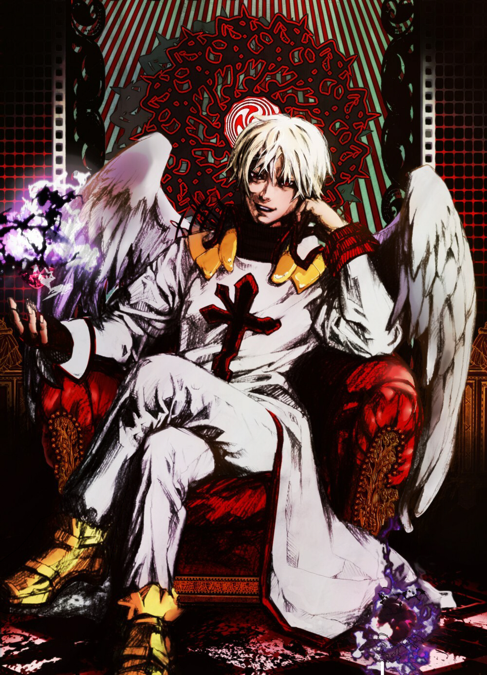 1boy, angel_wings, archangel_(baroque), baroque_(series), blonde_hair, chair, checkered_floor, cross_print, crossed_legs, disdain, fire, full_body, graphite_(medium), grimace, hand_up, highres, karin_(mashroom_panda), large_wings, looking_at_viewer, magic, male_focus, pants, purple_fire, red_eyes, robe, short_hair, sitting, smile, solo, traditional_media, white_pants, white_robe, white_wings, wings, yellow_footwear