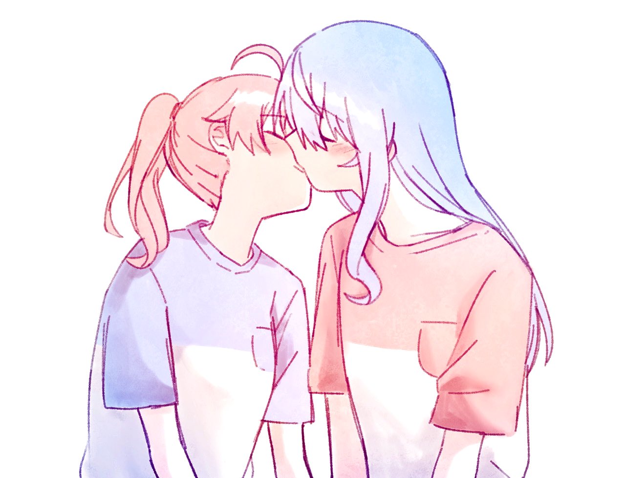 2girls, ahoge, alternate_costume, blue_hair, blue_shirt, blush, closed_eyes, face-to-face