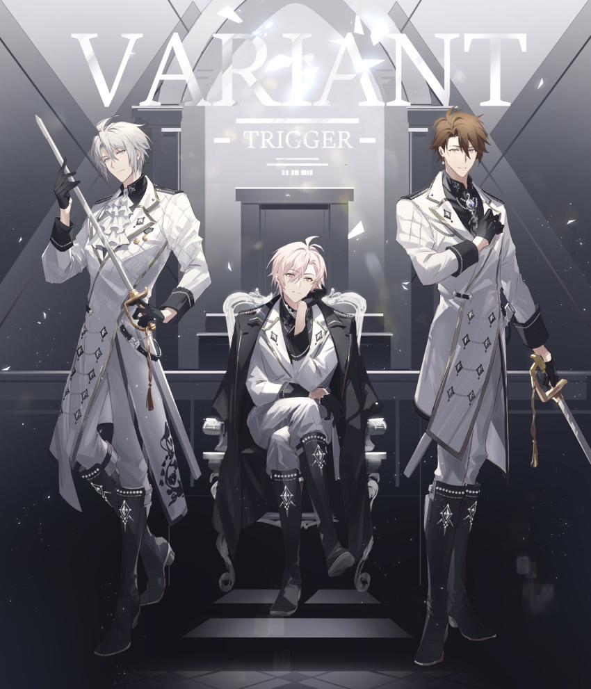 3boys, ahoge, arch, armchair, ascot, black_coat, black_footwear, black_gloves