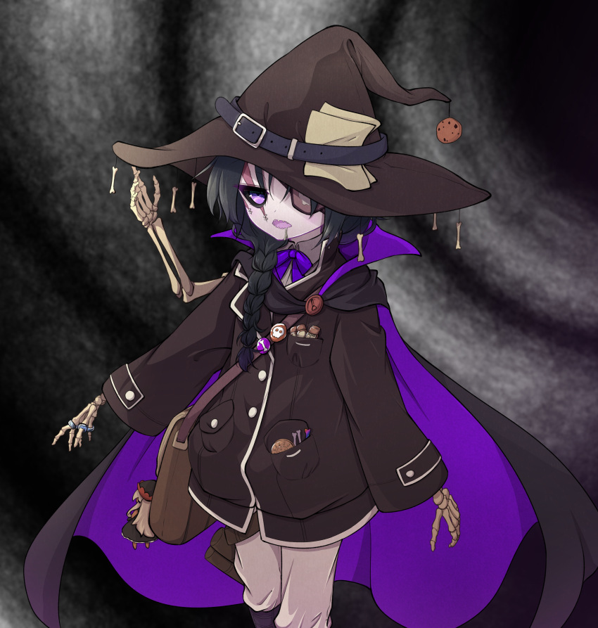 absurdres, black_hair, black_headwear, black_jacket, bone, bow, bowtie, braid