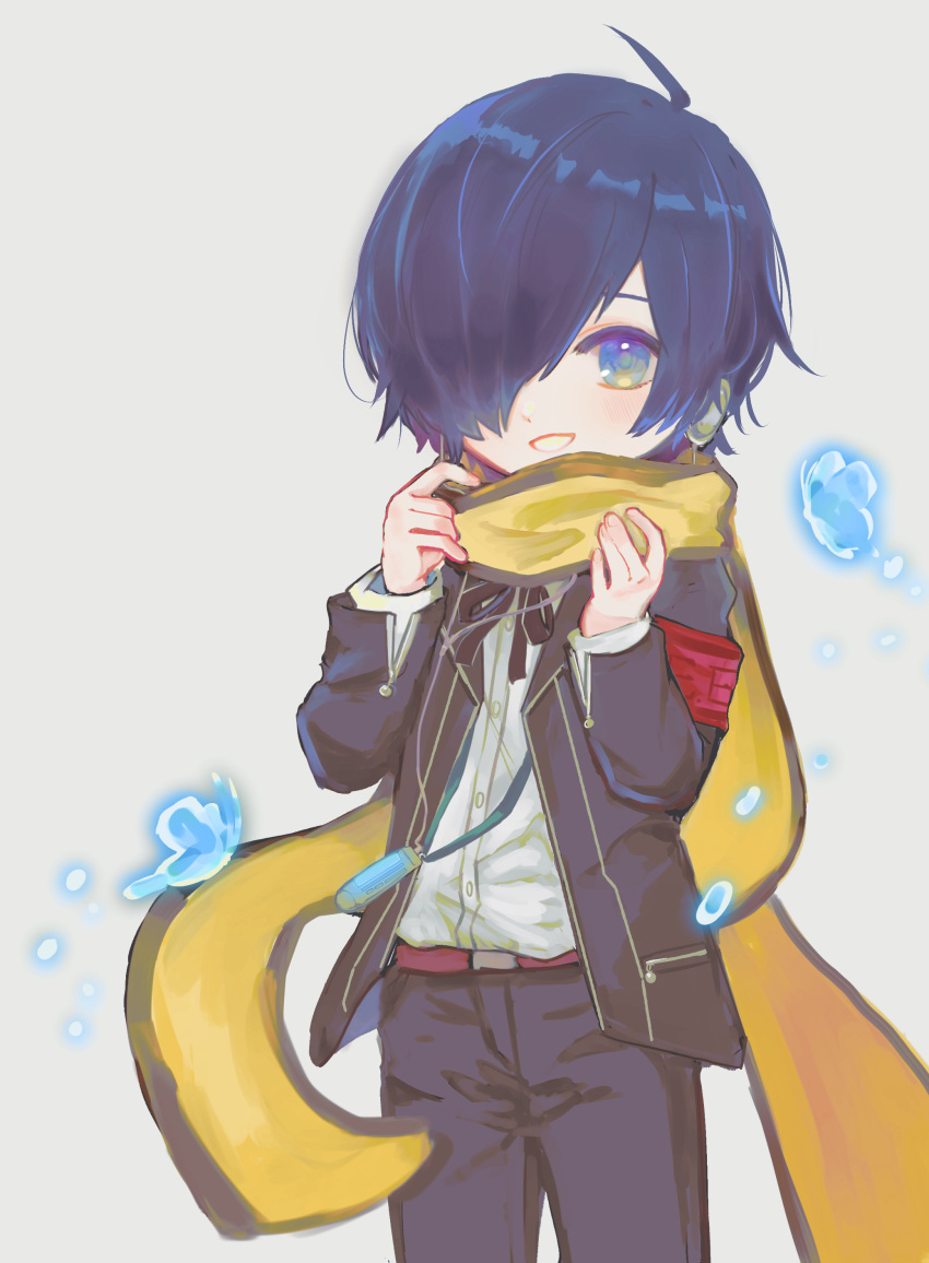 1boy, absurdres, armband, belt, black_jacket, black_pants, black_ribbon, blue_eyes, blue_hair, brown_belt, cowboy_shot, digital_media_player, gekkoukan_high_school_uniform, grey_background, grin, haidan_(qmo_cham), hair_over_one_eye, headphones, highres, jacket, long_sleeves, looking_at_viewer, male_focus, neck_ribbon, open_clothes, open_jacket, pants, persona, persona_3, red_armband, ribbon, scarf, school_uniform, shirt, short_hair, simple_background, smile, solo, white_shirt, yellow_scarf, yuuki_makoto